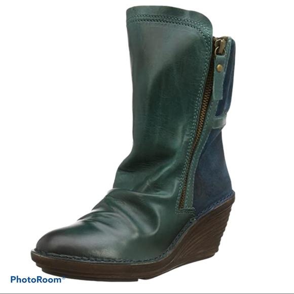 FLY LONDON Simi leather and suede wedge bootie